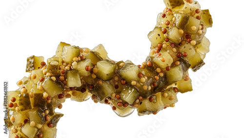 Visually striking composition of vibrant diced pickles and contrasting mustard seeds, forming a textured abstract curve, ideal for gourmet food