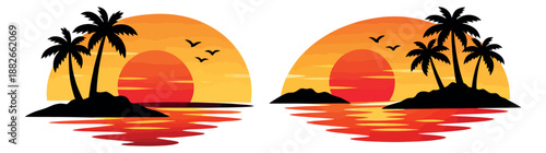 Flat design tropical island sunset set featuring palm trees, ocean, sun and birds for summer vacation and travel