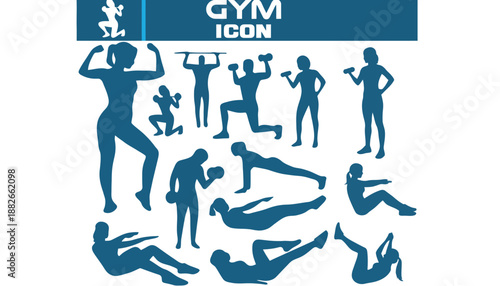 A collection of blue gym icons featuring various exercise silhouettes