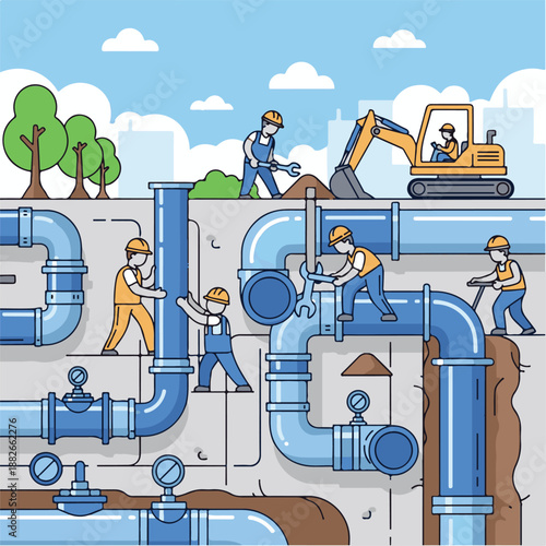 Workers constructing industrial water pipes.
