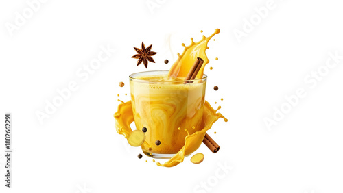 A vibrant golden milk beverage infused with turmeric, ginger, cinnamon, and star anise, creating a delicious and visually appealing healthful drink
