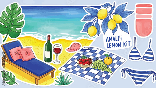 Watercolor summer beach elements set with lemons wine and swimwear
