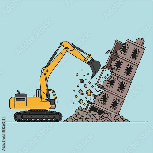 Yellow excavator demolishing a building.
