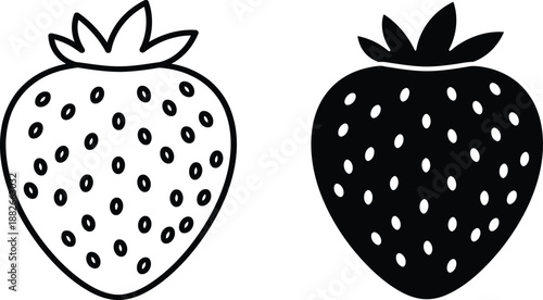 Black and White Illustration of Two Strawberries, One Outlined and One Solid