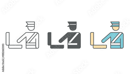 Three security guards sitting at a desk in different colors and styles