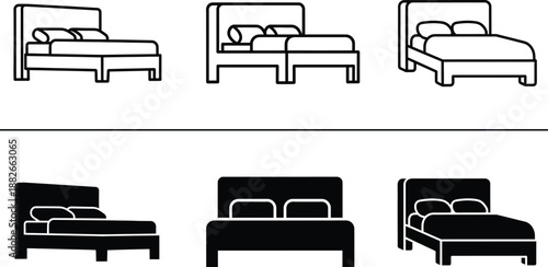 Minimalist Line and Solid Bed Icon Set Six Different Designs with Pillows, Frames, and Legs