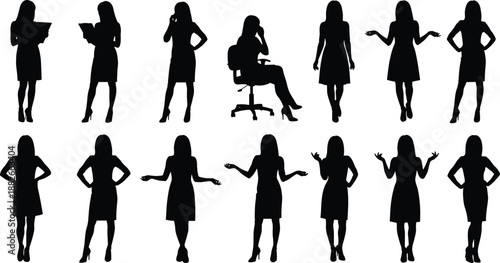 Business women silhouettes set showing professional female poses standing sitting gesturing leadership confidence office fashion career concept