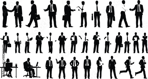 Businessmen silhouettes collection showing professional men standing walking negotiating presenting and working in corporate office environments leadership teamwork communication concept