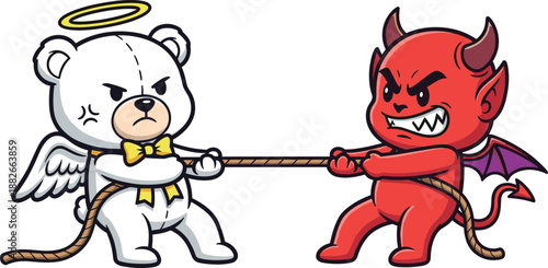 Angel and devil teddy bears playing tug of war, good versus evil conflict concept, cute cartoon vector illustration isolated
