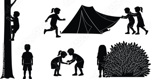 Children camping silhouettes collection with kids playing outdoors, tent setup, nature activities and adventure scenes, childhood lifestyle icons, black vector illustration isolated