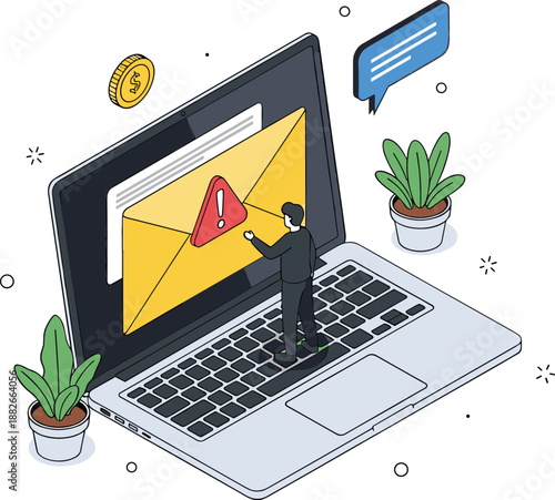 Isometric cybersecurity illustration of a businessman on a laptop screen inspecting a suspicious email with a red warning alert and notification bubble