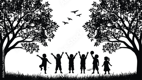 Children playing outdoors silhouette under trees with raised hands, nature park scene, childhood joy, freedom, and friendship concept