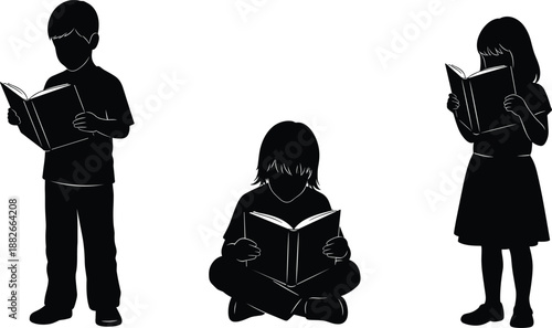 Children reading book silhouettes showing boys and girls studying learning knowledge education imagination literacy childhood school concept illustration
