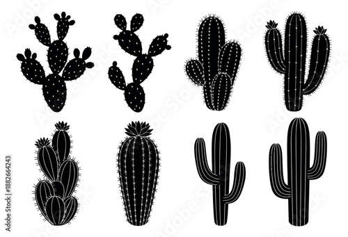 Stylized graphic cactus set featuring various desert plants and succulents for nature themed designs
