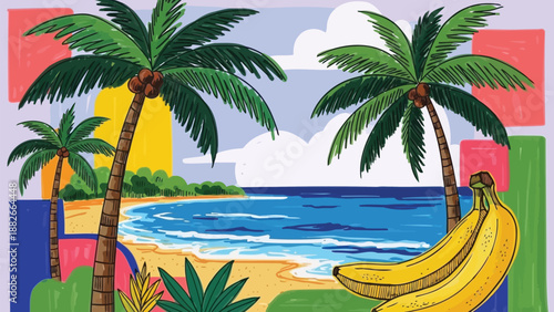 Tropical beach landscape with palm trees and fresh bananas illustration