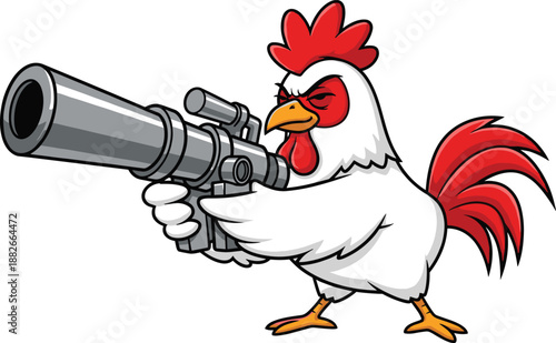 Angry cartoon rooster with gun illustration, funny aggressive chicken character, humorous action mascot vector isolated white background comic style