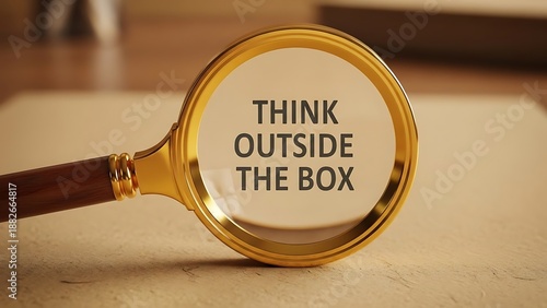 Golden magnifying glass highlighting the motivational phrase 'Think outside the box' on a textured surface, symbolizing creative problem-solving and innovation.