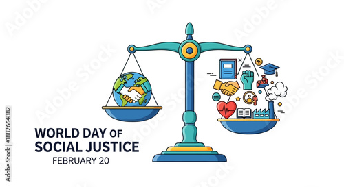 Illustration of World Day of Social Justice scales balancing global elements, symbolizing fairness and equality on February 20