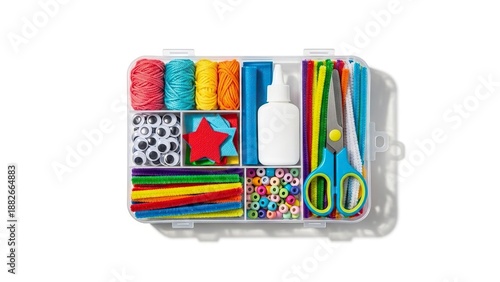 Craft box filled with colorful supplies yarn googly eyes felt glue beads pipe cleaners and scissors