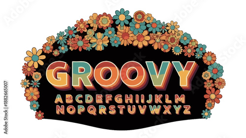 Retro Groovy font with flowers and alphabet letters, 1970s style.