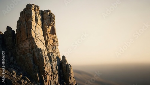 Craggy sunlit rock formation dominates the frame juxtaposed against a faded outoffocus horizon and soft neutral sky