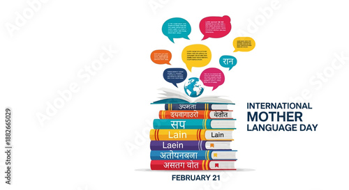 Celebrating International Mother Language Day with a stack of colorful books and speech bubbles