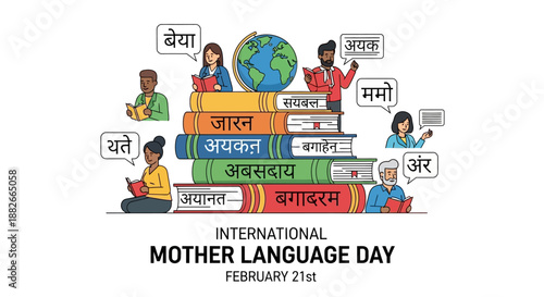 People from diverse backgrounds celebrating International Mother Language Day with books and globe in a multicultural environment