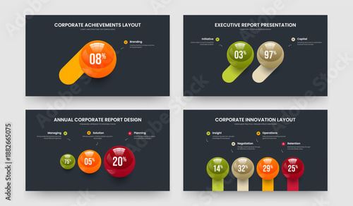 Consulting Analysis One Two Three Four Option Diagram Frame Design Vector Illustration Bundle. Enterprise Proposal 1 2 3 4 Step Graph Presentation Layout Set.