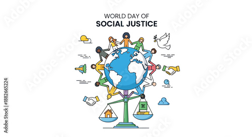 Global Social Justice Movement Illustration Featuring Diverse People and Equality Symbols Around the World