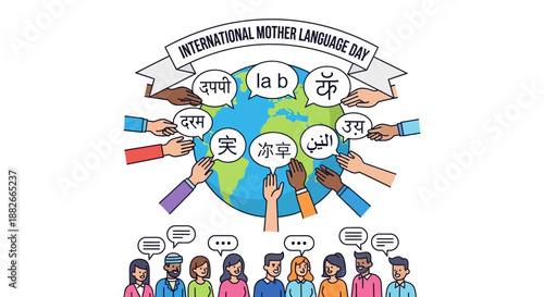 People from diverse backgrounds celebrating International Mother Language Day around the globe with speech bubbles in various languages