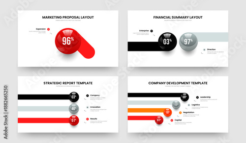 Modern Insight One Two Three Four Element Graph Slideshow Template Vector Illustration Collection. Marketing Strategy 1 2 3 4 Step Chart Frame Layout Set.