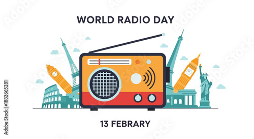 World Radio Day celebration with iconic landmarks and radio broadcast illustration