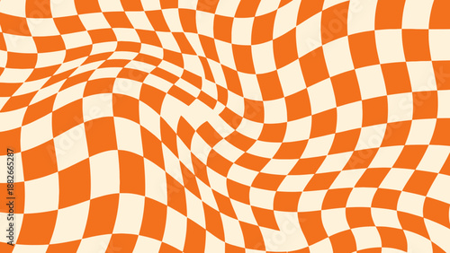 Retro Swirling Checkerboard Pattern in Orange and Cream - Psychedelic Abstract Design