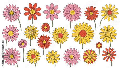 Vibrant Retro Daisy Flowers Collection in Bright Colors, Vector Illustration