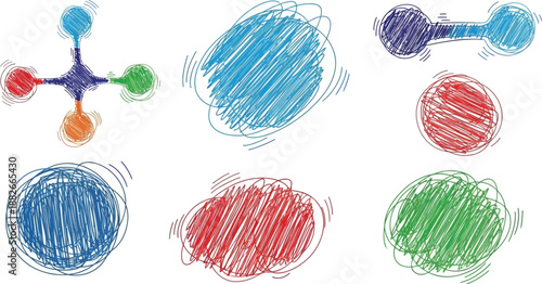 Colorful hand-drawn scribble shapes and a molecular structure element are displayed against a clean white background for design use.