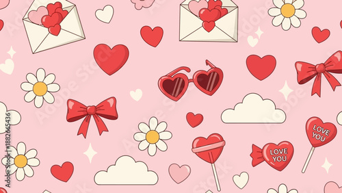 Seamless Cute Retro Valentine's Day Pattern with Hearts, Flowers, and Clouds