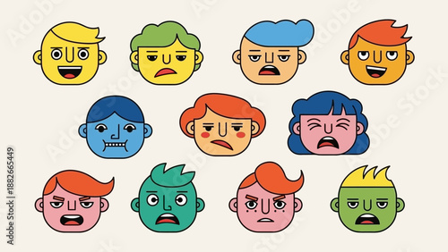 Collection of Diverse Stylized Cartoon Faces Expressing Various Emotions and Feelings