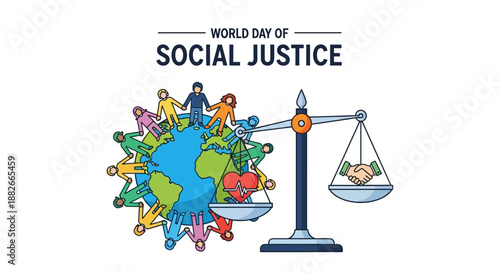Global Social Justice Illustration Featuring Scales of Equality and Diverse Community