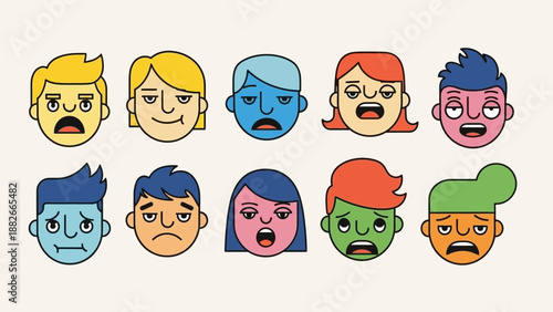Diverse Collection of Cartoon Faces Expressing a Range of Emotions and Moods