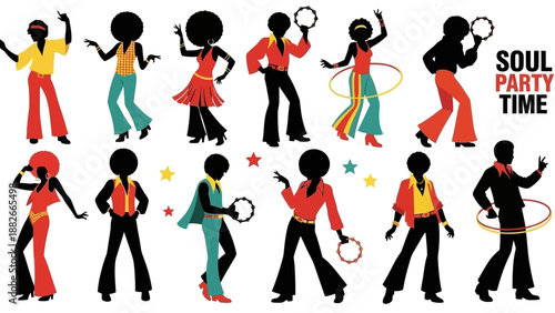 Groovy Disco Dancers Silhouettes: A Vibrant 70s Soul Party Time Celebration