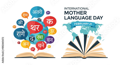 International Mother Language Day celebration with speech bubbles and open book on world map background illustration