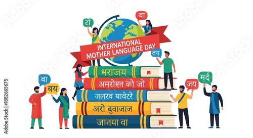 Celebrating International Mother Language Day with people holding speech bubbles and books around a globe illustration