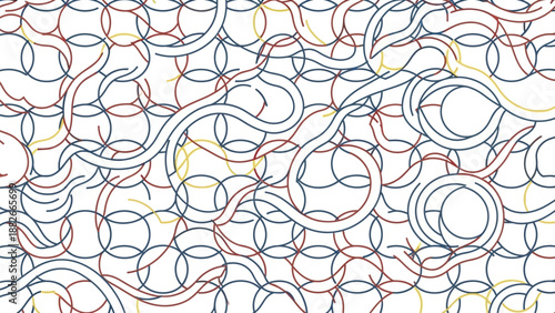 Abstract background pattern features overlapping circular chain links overlaid with thin, winding, serpentine lines in primary colors.