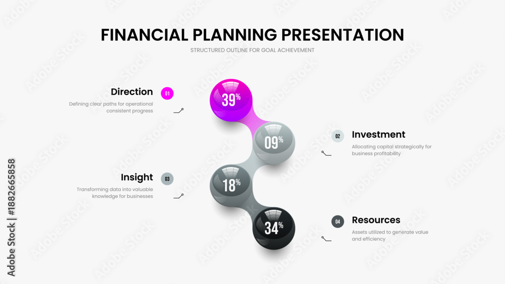 Fototapeta premium Elegant Briefing Presentation Design Vector Illustration. Marketing Solution Four Element Chart Slideshow Layout. Colorful Development 4 Option Graph Slide Template.