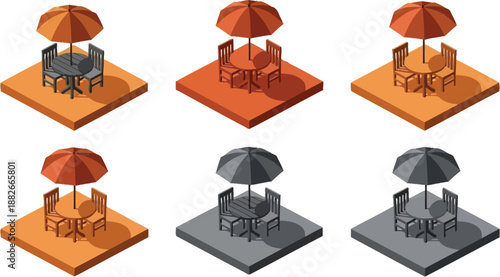 Isometric set of outdoor patio dining arrangements featuring tables, chairs, and parasols displayed across orange and gray base platforms.