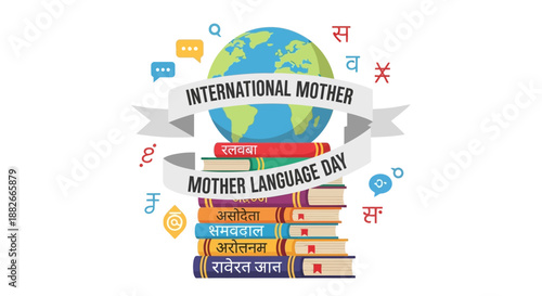 Global Celebration of Mother Language Day with Books and Multilingual Symbols Around the World