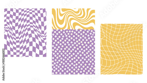 Retro Psychedelic Patterns: Swirls, Checkers, and Daisies in Vintage Purple and Yellow