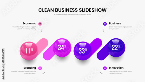 Business Plan Slide Design Vector Illustration. Company Growth Four Element Chart Slideshow Template. Marketing Insight 4 Step Infographic Presentation Layout.