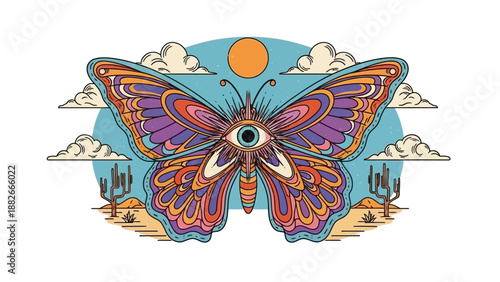 Psychedelic Butterfly with All-Seeing Eye in a Desert Landscape Under the Sun