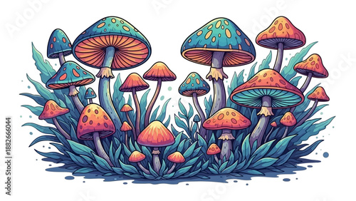 Vibrant Psychedelic Mushrooms Growing in a Lush, Mystical Forest Landscape